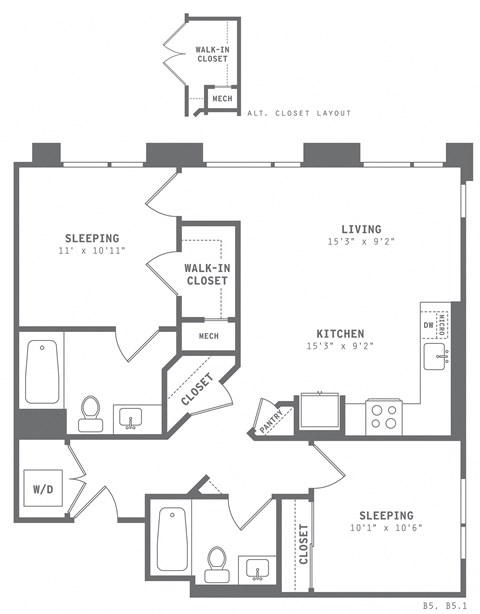 Floor plan for 2 beds, 2 baths, 877 sqft